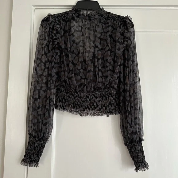 Free People Black Printed Long-sleeve Shirred Waist Blouse - Picture 4 of 5